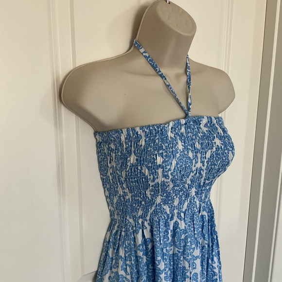 NWOT Blue Ginger Strapless Asymetrical Halter Dress Size Small Blue/White Print - Picture 2 of 7